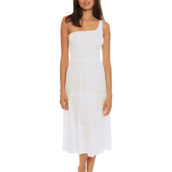 NEW Becca Swim White Ponza White Smocked One-Shoulder Swim Cover-Up Dress - Picture 1 of 11